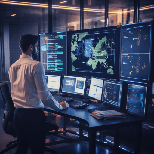 IT guy stand at desk with multiple monitors.